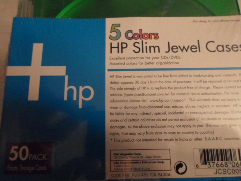 New HP Brand 5-color Slim Jewel Cases CD DVD 50 Pack