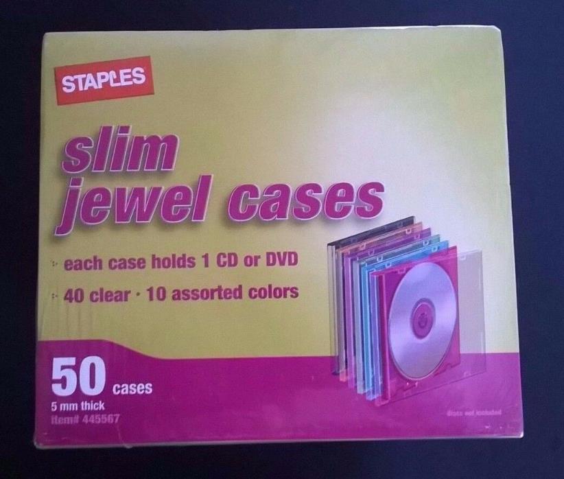 Staples Slim Jewel Cases 50 Cases 10 assorted colors 40 clear 5mm Media Storage