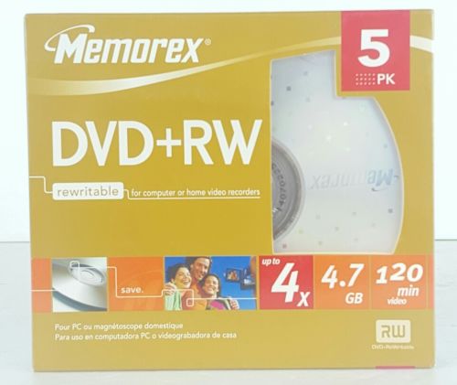 NEW SEALED Memorex DVD+RW 4X |4.7GB 120 minute 5 Pack Re-writable Data Media D2