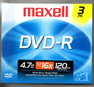 3 pack maxell dvd - r blank discs  120 min  4.7 gb  brand new  sealed