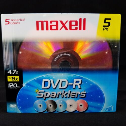 Maxell DVD-R Sparklers 5 Pack Assorted Multi Colored 4.7GB w/ Jewel Cases NEW