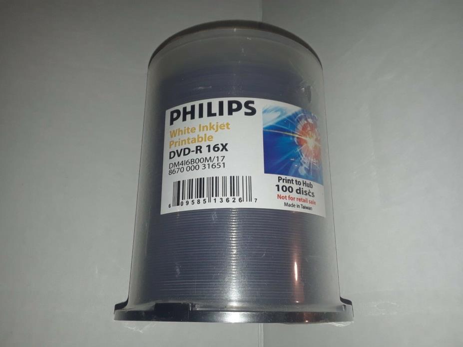 100-pack Philips 16x DVD-R White Inkjet Hub Printable Blank Recordable DVD Media