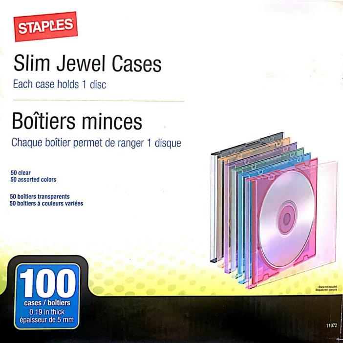 Staples Slim Jewel Cases 100 DVD/CD  New