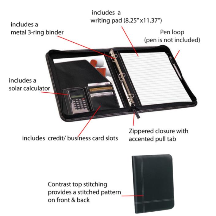 Black Leather Portfolio 3-Ring Binder Calculator Zippered Organizer Planner new