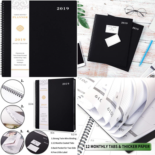 2019 Monthly Planner W TABS & Pocket Label Contacts Passwords Thick Paper Twin W