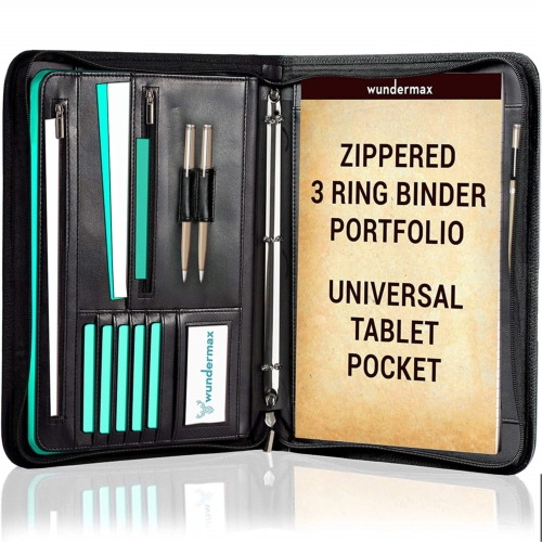Wundermax Portfolio Binder A Zippered Padfolio with 3 Ring Binder Document PU
