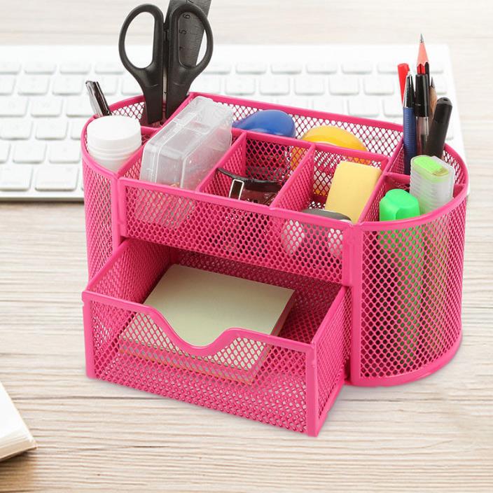Pink Desk Organizer Mesh Metal Desktop Office Pen Pencil Holder Storage Tray US