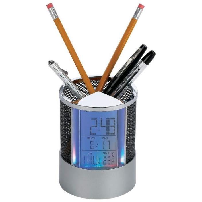 Colored LED Pen Holder Clock with Alarm, Timer, and Temperature