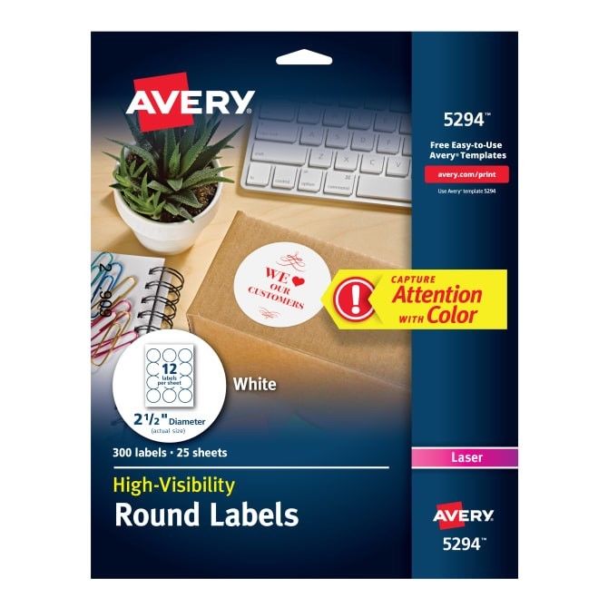 Avery 5294 High-Visibility Round Labels Laser 2.5” Dia White 300 Blank Labels