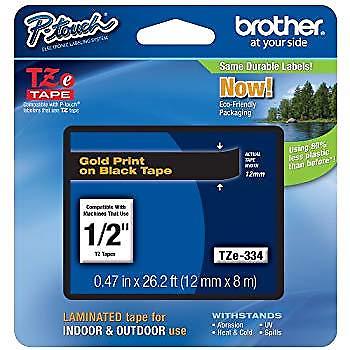 Genuine Brother TZe-334 1/2 inch Gold on Black P-Touch TZ Tape 26.2 Feet 8m #