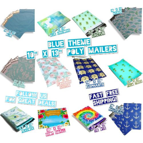 120 Blue Theme Mix Design10x13 Poly Mailers Variety Pack (10 ea)
