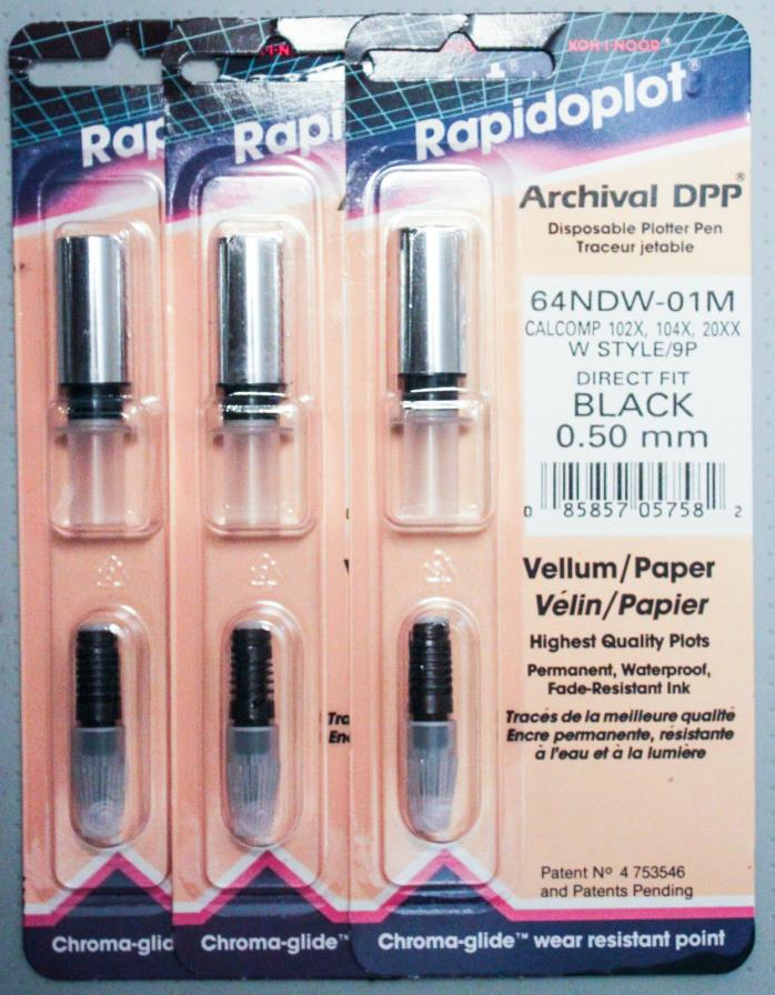 Koh-I-Noor Rapidoplot Plotter Pen 64NDW-01M Black 0.50mm Lot Of 3