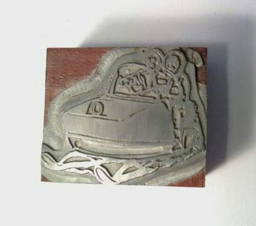 PRINTERS BLOCK Vintage 1960's Snowmobile and Family  Letterpress