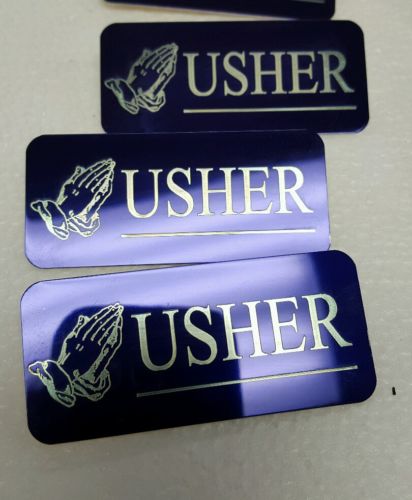 Set of 10 purple with gold Letters Engraved Usher Name Tags Badges Pin Back