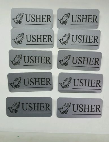 Set of 10 Silver with Black Letters Engraved Usher Name Tags Badges Pin Back