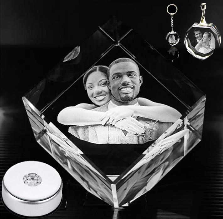 3D Laser Engraved Crystal Photo Personalized Custom Gift + Stand + Key-Chain