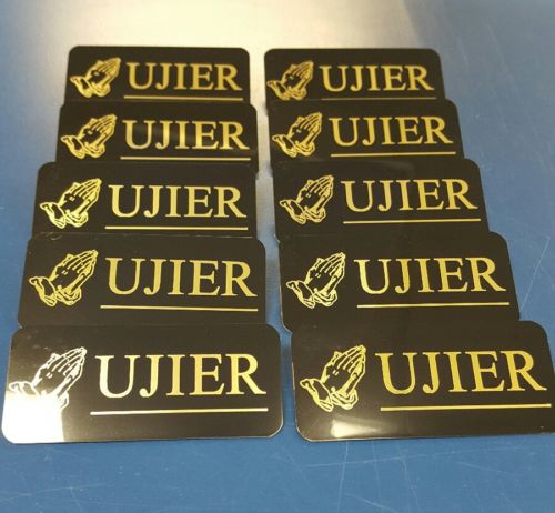 Set of 10 Black with Gold Letters Engraved Usher Badges Pin Back  SPANISH, UJIER