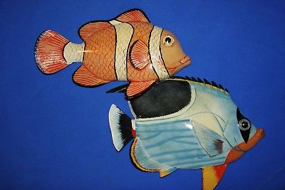 (2) Seafood Tiki Bar Restaurant Decor, Tropical Fish Wall Hanging, 12