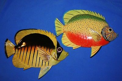 (2) Tiki Bar Restaurant Decor, Coral Tropical Fish Wall Hanging, 12