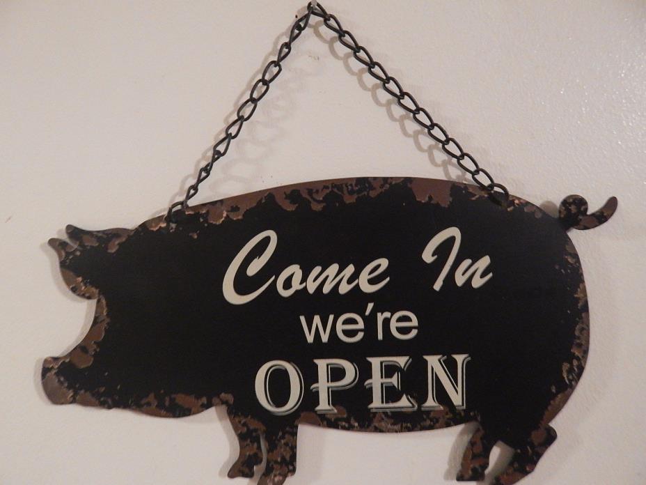 BBQ Restaurant, Butcher Shop, Store  OPEN & CLOSED Metal Pig Shaped Door Signs