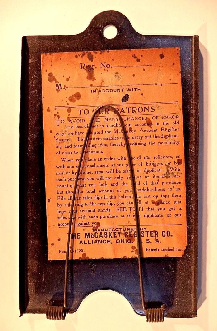 Vintage Metal SALES REC'T The McCaskey Register Co Bill Receipt Wall Clip Holder