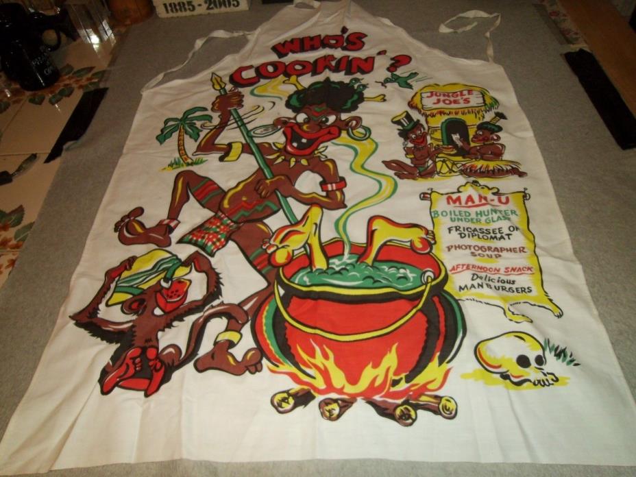 MENS WOMENS VINTAGE CHEF COOK GRILL APRON JUNGLE JOE'S BLACK AFRICAN CANNIBAL
