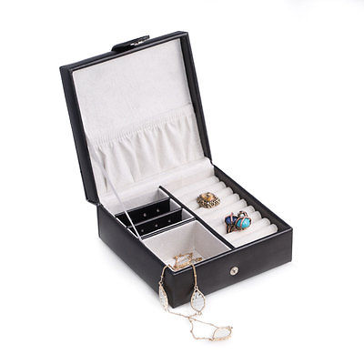 Bey-Berk Black Quilted Leather Jewelry Box for Rings earrings with Snap Closure