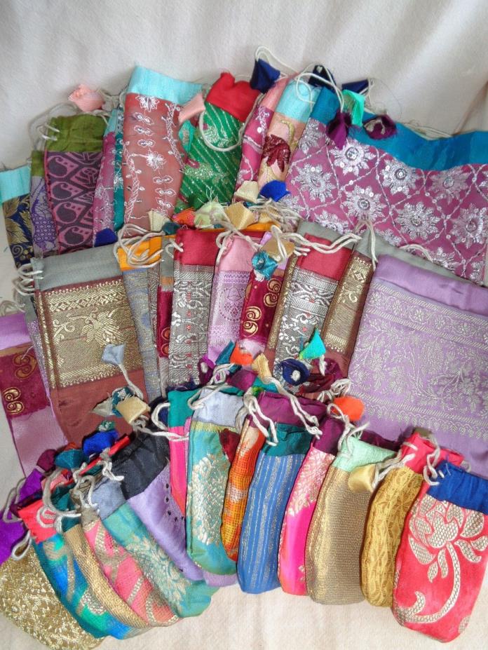 MIXED LOT of 42 Fabric Gift Bags / Jewelry Bags (3 sizes)  - Handmade in India
