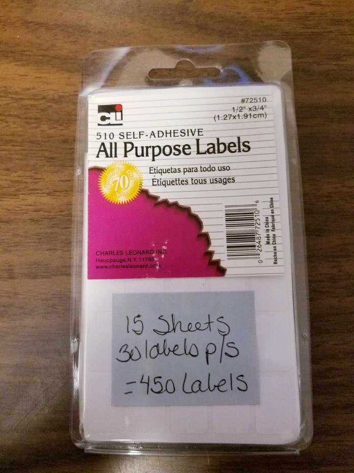 450 White Self-Adhesive All Purpose Labels 15 Sheets 1/2