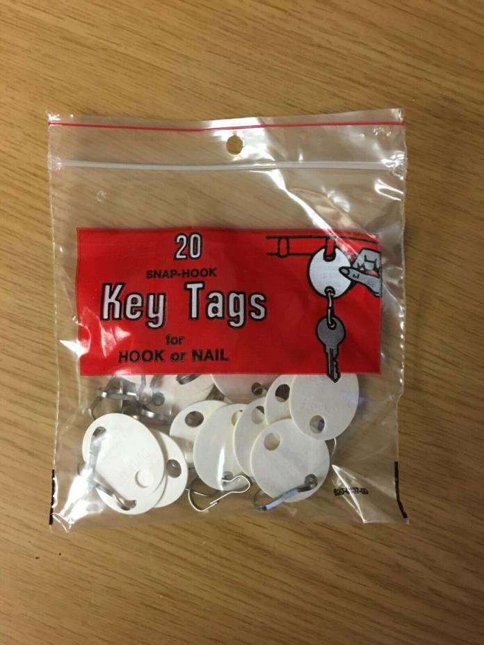 20 Snap-Hook Key Tags for Hook or Nail (Writable White Vulcanized Fiber) NEW