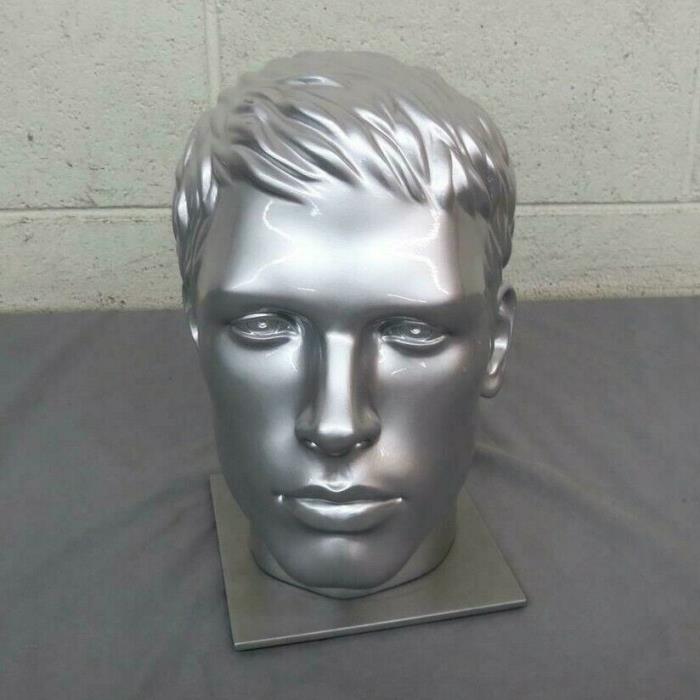 Detailed Life Size Silver Male Mannequin Display Head w/Metal Base EXCELLENT