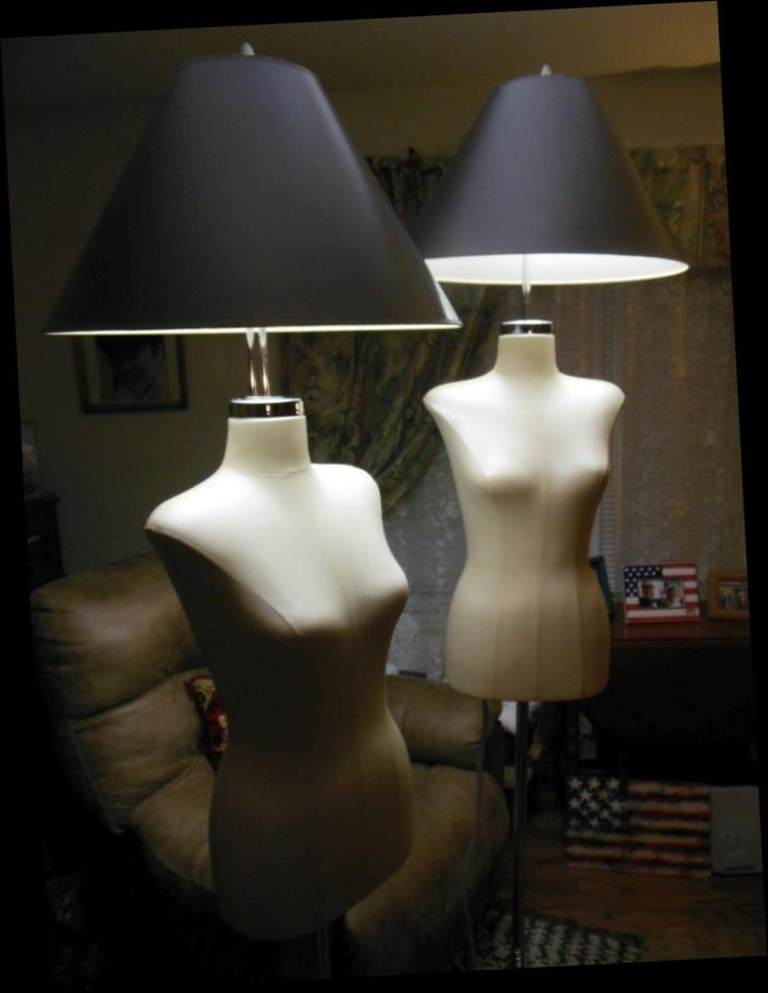 2 Mannequin Female Torso Lamps Rolling Display Steampunk Chrome Industrial EUC