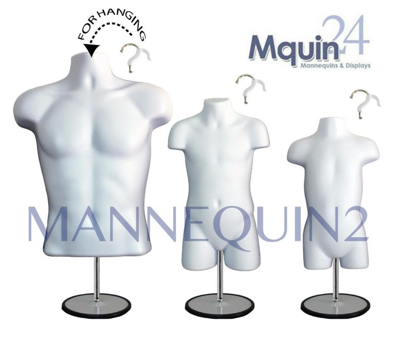 Male Child & Toddler Torso Body Forms WHITE + 3 Metal Stands + 3 Hangers