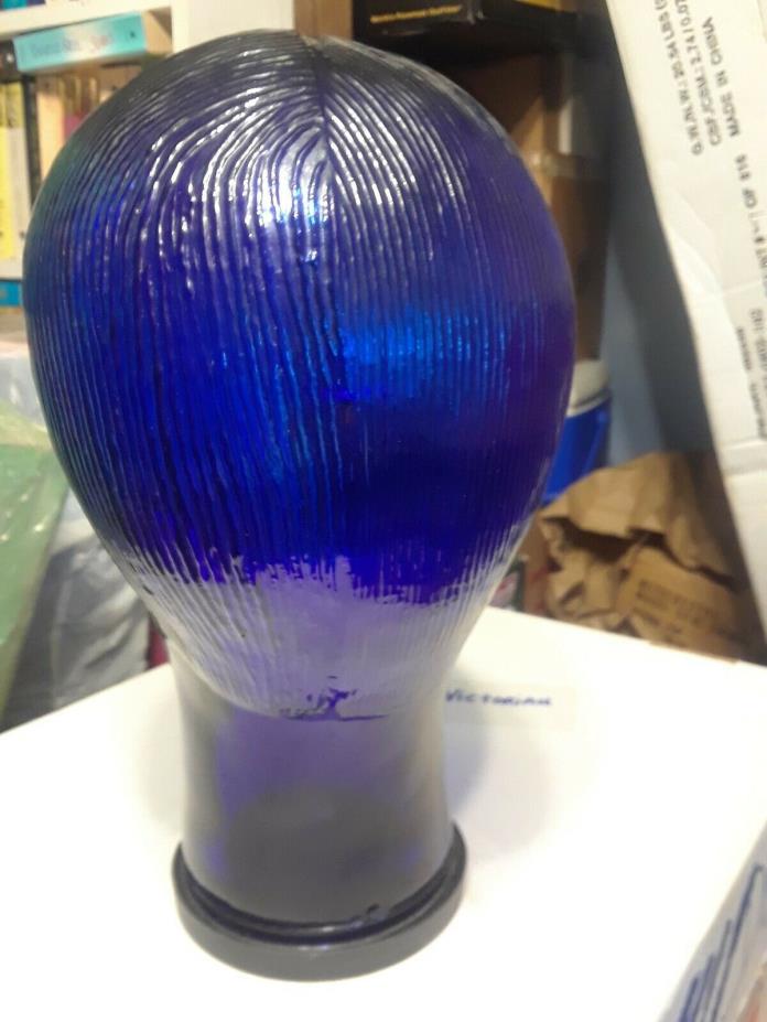 COBALT BLUE GLASS MANNEQUIN MAN Head with Plastic Lid for Base