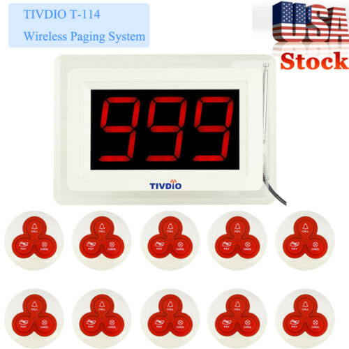 TIVDIO T114 Restaurant Calling System 433MHz 999CH 1X Receiver+10X Pager US Ship