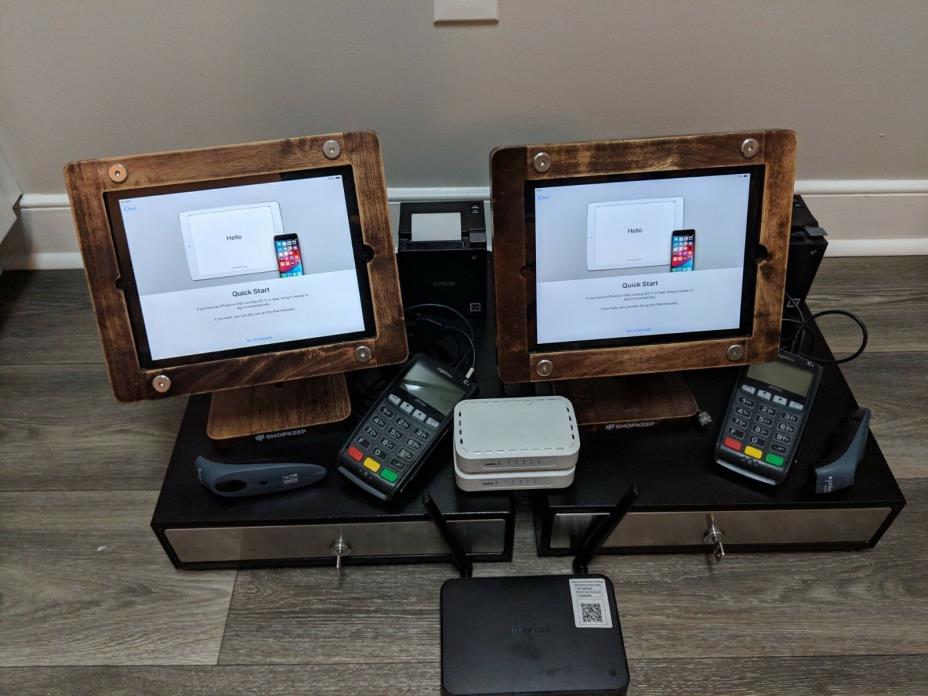 2 Shopkeep BAR POS Systems (2 iPads Included) Barcode Scanner W/ Wood iPad Stand
