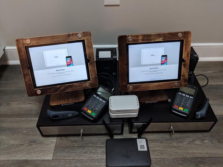 Shopkeep POS System (2 iPads Included) Barcode Scanner W/ Walnut Wood iPad Stand