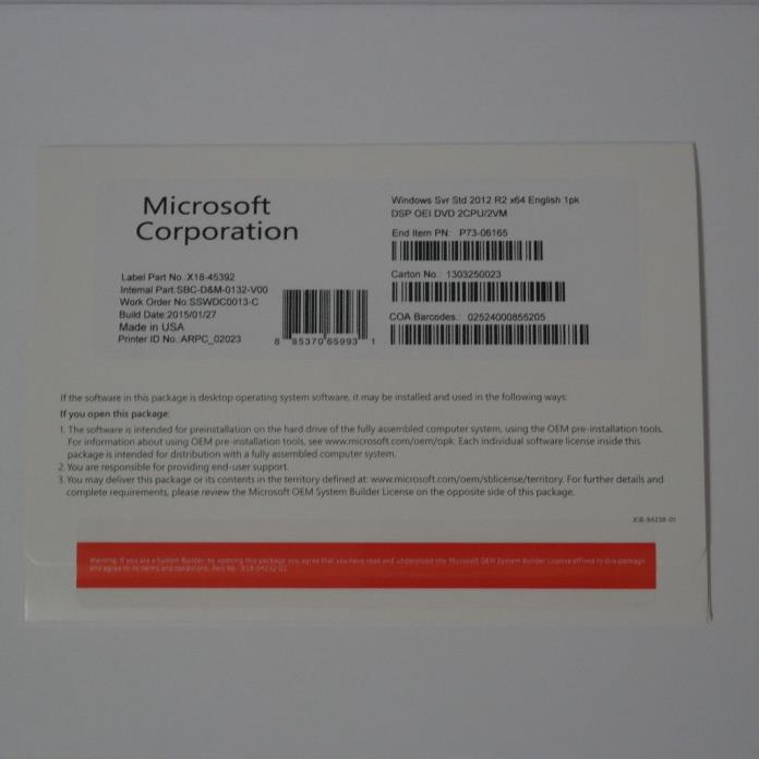 Microsoft Window Server 2012 Standard R2 64Bit OEM P73-06165