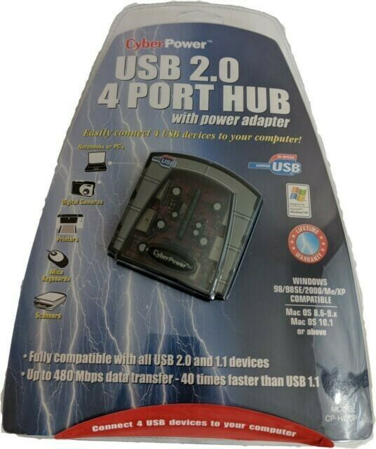 Cyberpower CP-H420P USB Hub, 4-Port, USB 2.0, 480Mbps, 1.1/2.0 Compatible, PC/MA