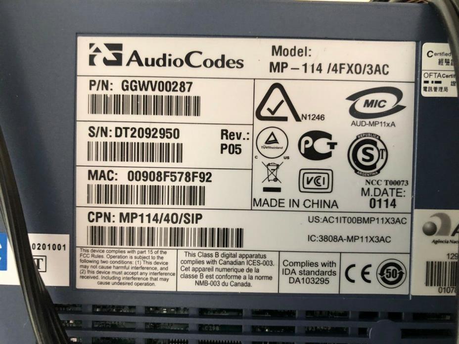 AudioCodes MP-114 VoIP Gateway w/ Power Cord MP-114/4FXO/3AC GGWV00287