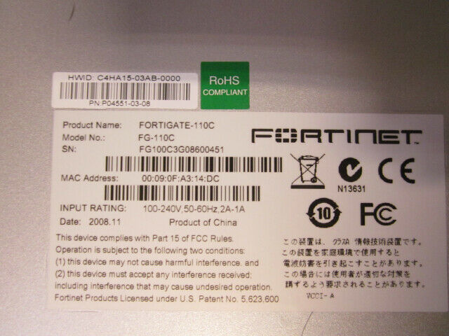 Fortinet Fortigate 110C FG-110C Firewall Security Appliance w/ Brackets