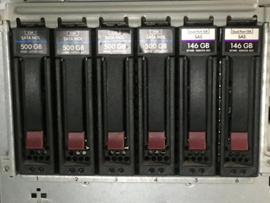 HP ProLiant ML350 G6 6 x LFF Drive Cage w/Backplane Cables, 4x500GB + 2x146GB15K
