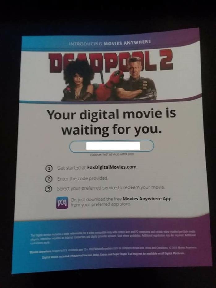 Unused SD/HD Digital Copy DEADPOOL 2 Marvel Vudu iTunes New