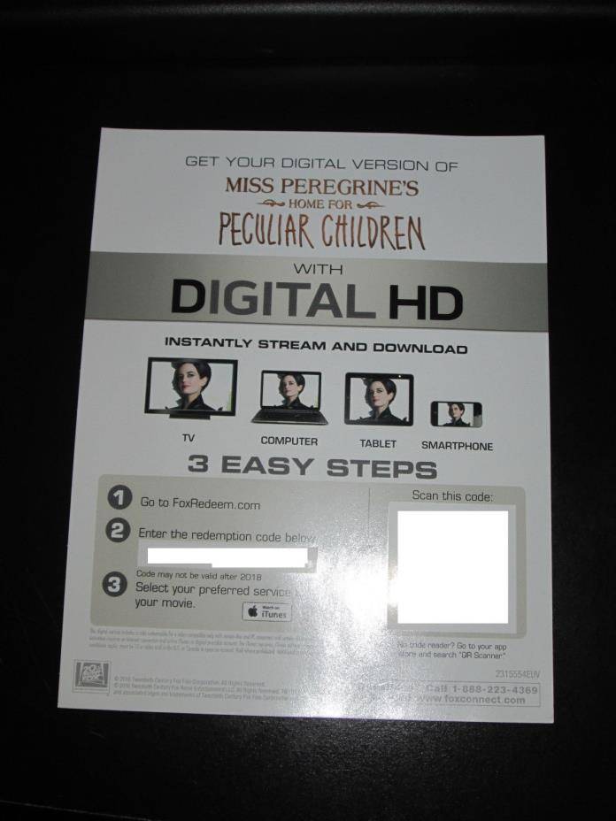 Unused SD/HD Digital Copy MISS PEREGRINE'S HOME PECULIAR CHILDREN  Vudu iTunes