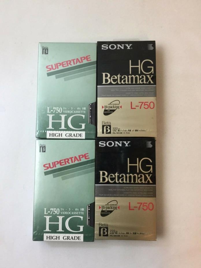 Lot of 4 New Sony & Supertape Beta L-750 Betamax Tapes Video Cassette, Blank  S3