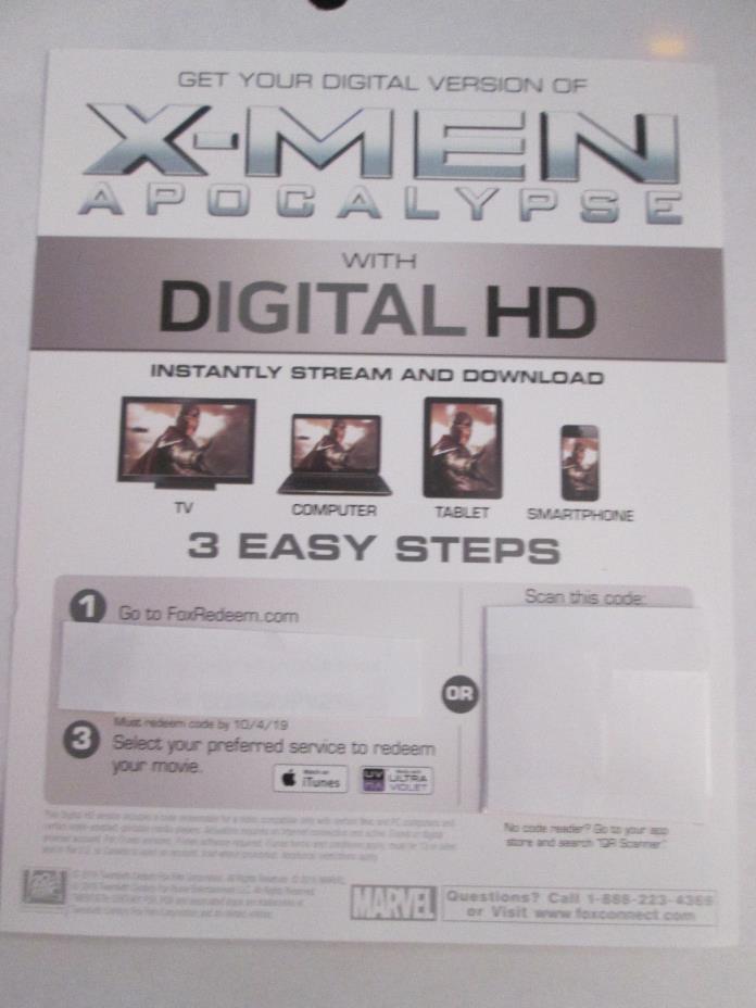 Unused SD/HD Digital Copy X-MEN: APOCALYPSE Marvel Vudu iTunes New