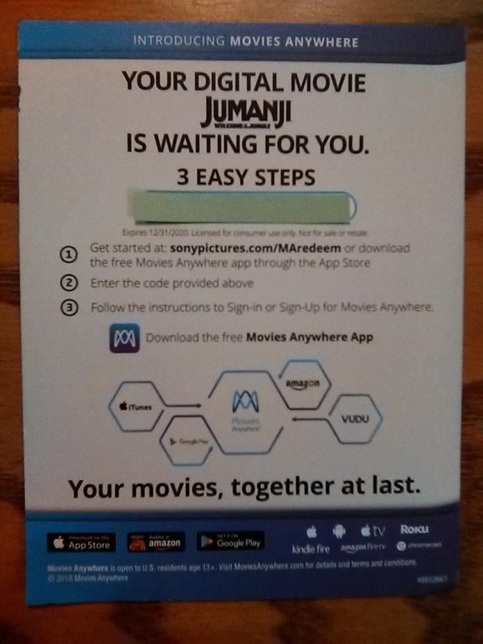Jumanji: Welcome To The Jungle (Digital Code Only) NEW- Code will be emailed