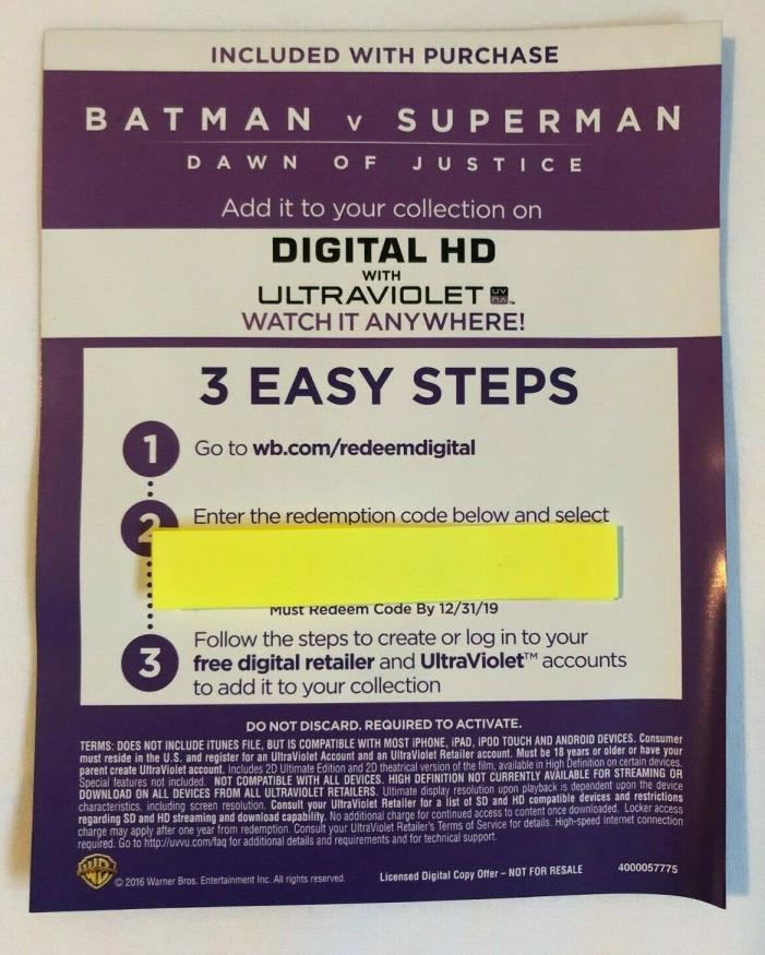 Batman v Superman Dawn of Justice HD digital Code Only