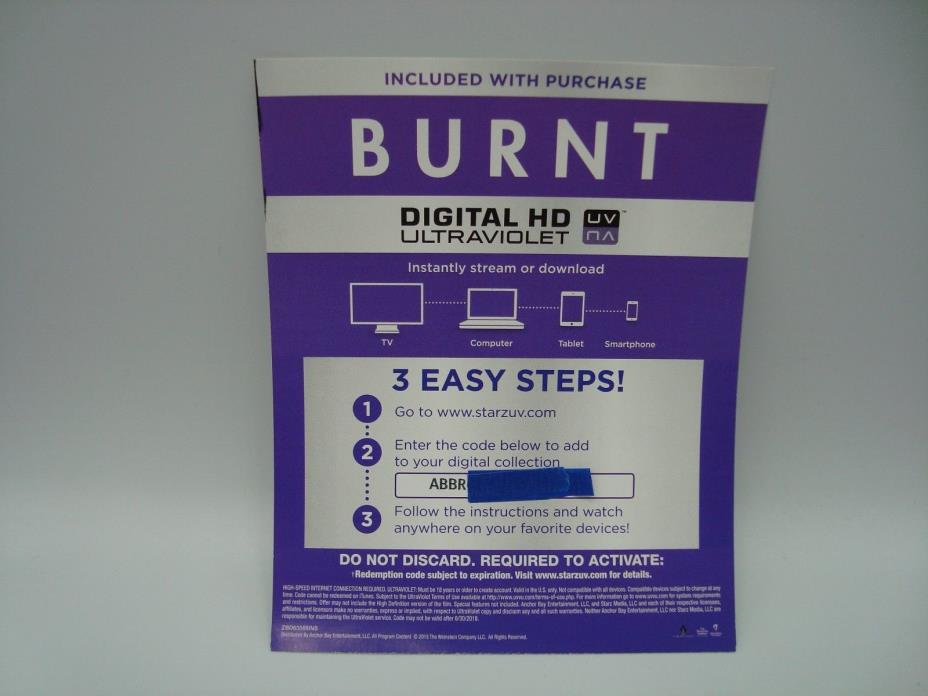 Burnt UV code only, starring Bradly Cooper, Sienna Miller