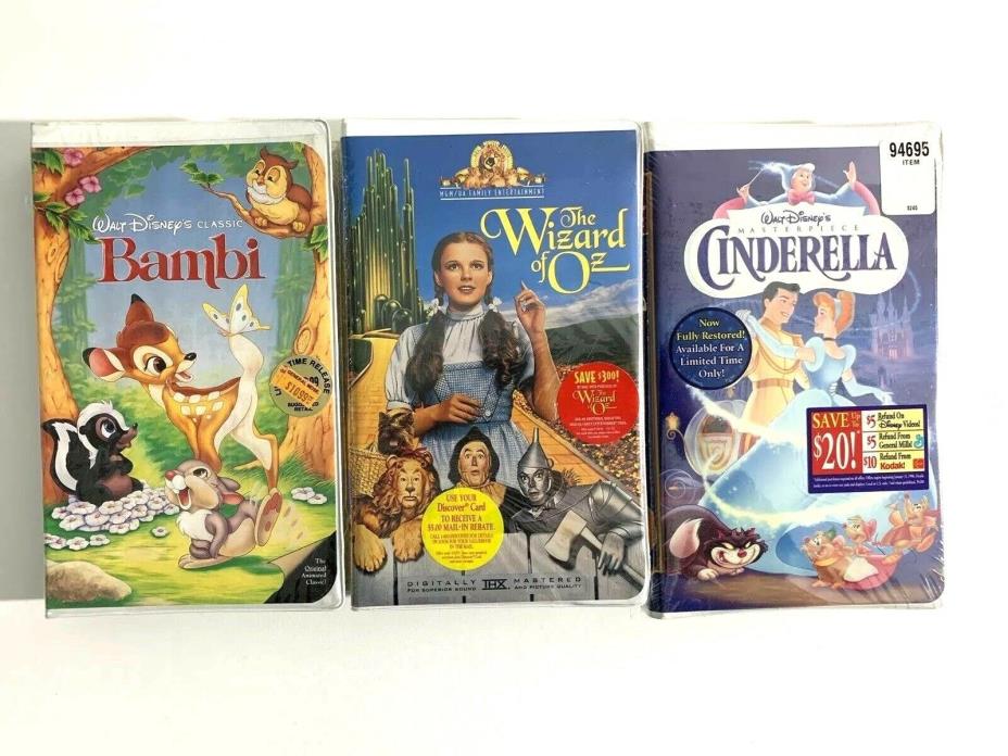Lot Bundle of 3 Classic Childrens NEW VHS Video  Bambi Wizard of Oz Cinderella